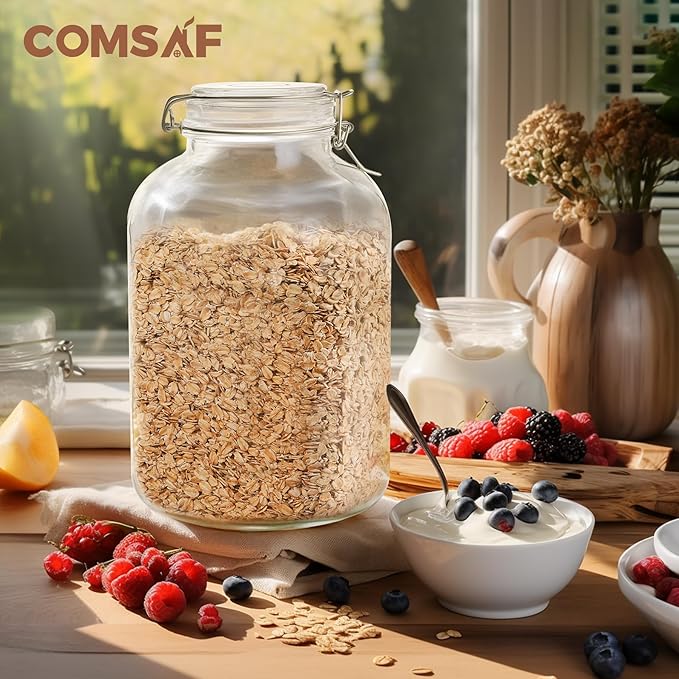 ComSaf Rice Container 152oz, Flour Sugar Storage Containers, Glass Jars with Airtight Lid, 1.17 Gallon Mason Jar, Large Storage Containers with Lids for Pickled Egg, Pasta, Cereal, Beans, Set of 2