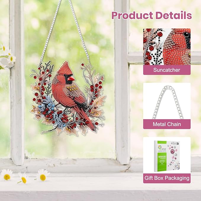 EOBROMD Diamond Hanging Art Kits for Adults Cardinal Birds, Suncatcher Diamond Art Painting, DIY Special Shaped Rhinestone Kits for Adults, Window Pendants Home Garden Wall Hanging Ornament