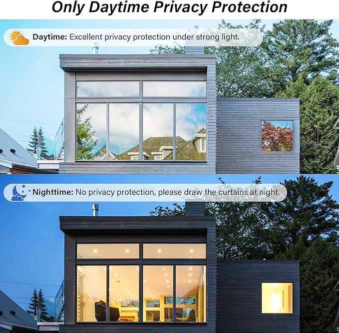 Kromapolis One Way Window Privacy Film Reflective Mirror Home Window Tint, Daytime Privacy Heat Control Anti UV Glass Tinting Static Cling (Silver, 45.2 x 236.2 inch)