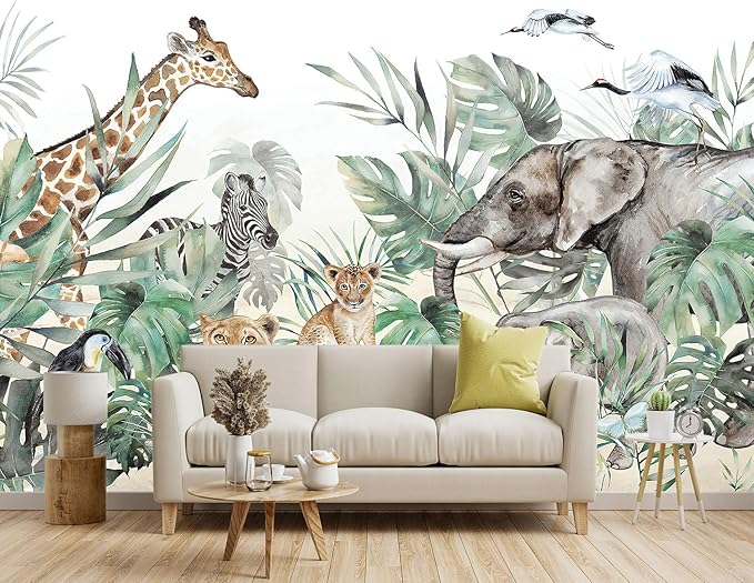 '-Tropical Rainforest Plants Animals Tigers Fabric Wallpaper Jungle Plants Banana Leaves Boys Girls Kindergarten Children Bedroom Large Mural- 137"x96"( not Peel and Stick)