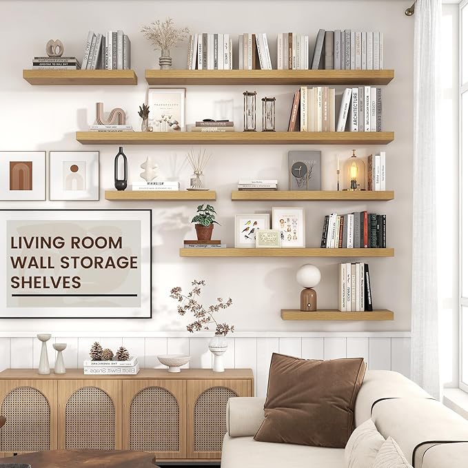 Floating Shelves - 2 Large Wall Mounted Shelves with Invisible Brackets, Long Wood Floating Wall Shelf for Living Room, Bedroom, Kitchen (Oak, 48" W x 9" D x 1.5" H)