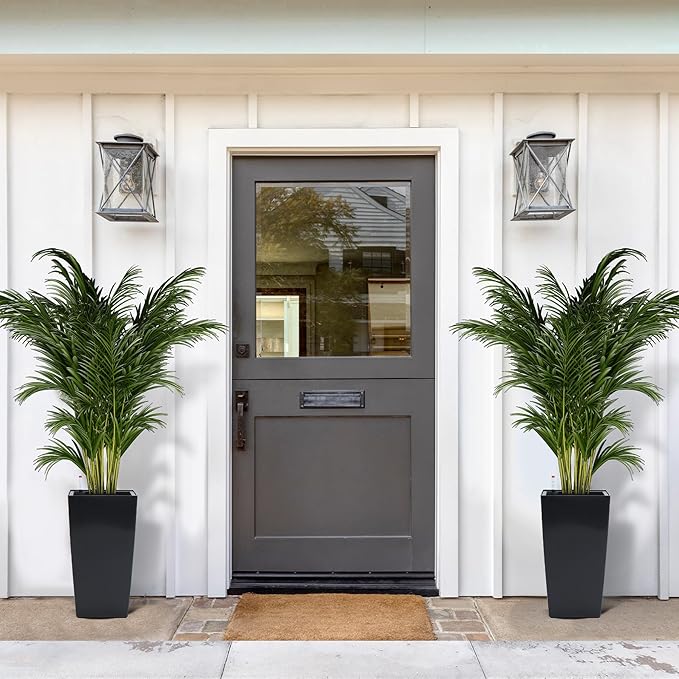 16" Tall Planters Set of 2, Outdoor&Indoor Black Planter Pots, High Front Porch Planter Pots with Drainage Holes&Water Level Monitor&Inner Bucket, Automatic Watering,Black