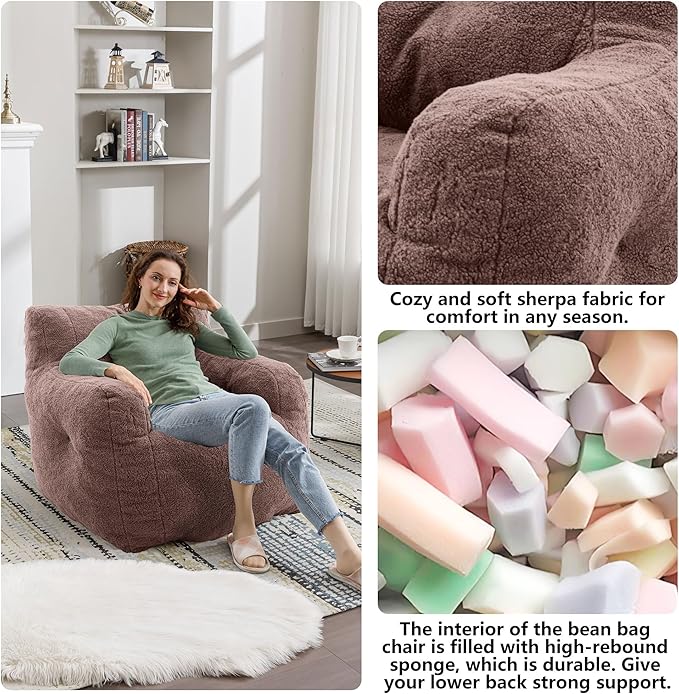 Recaceik Bean Bag Chairs, Tufted Soft Stuffed Bean Bag Chair with Filler, Fluffy Lazy Sofa Chair Lounger, Comfy Giant Bean Bag Chair for Bedroom, Living Room, Brown