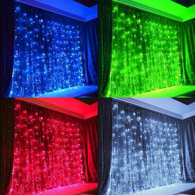 FUNPENY Window Curtain String Lights, 300 LED 8 Lighting Modes Fairy Lights USB Powered, Waterproof Lights for Christmas Bedroom Party Wedding Home Garden Wall Decorations (RGB Color Changing)