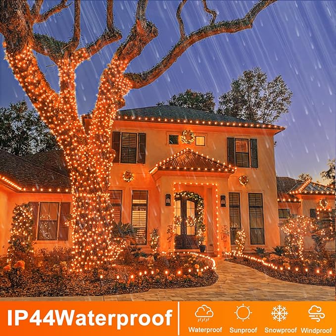 120 LED Orange Halloween Lights, 40 FT Halloween Lights Outdoor Clear Wire with 8 Modes, Plug in Waterproof Orange Fairy String Light for Indoor Christmas Halloween Thanksgiving Decorations