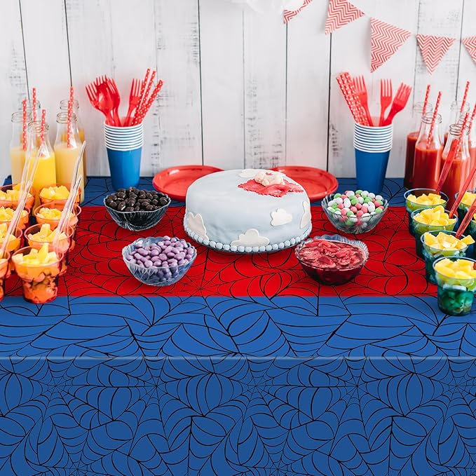 6Pcs Spider Web Themed Birthday Party Tablecloth Decorations,Blue Hero Plastic Table Cover with Red Runner Disposable Rectangle Table Cloth for Baby Shower Kids Boy Birthday Party Supplies,54x108 Inch