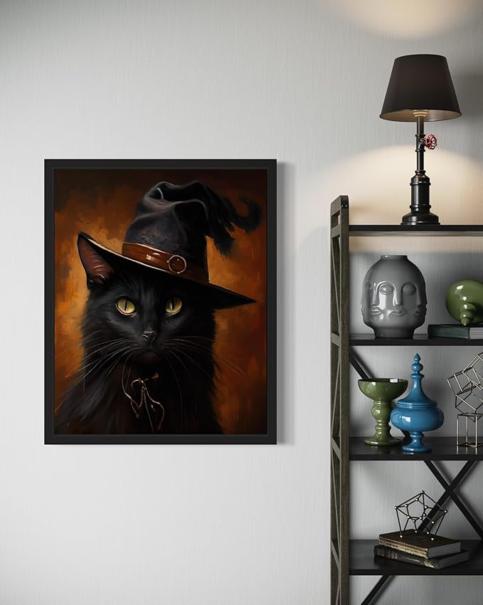 Witch Cat Poster Art Print, Halloween Scary Vintage Wall Art Academia Spooky Painting Decoration for Horror Prints, Gothic Posters Bedroom Decor 89 (Witch Cat, 11 x 14 inches, Unframed)