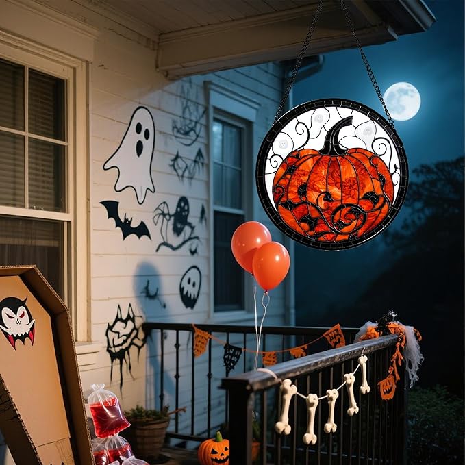 Stained Glass Window Hanging - Halloween Red White Scary Pumpkin Suncatcher for Doors Garden Home Spooky Rattan Sun Catchers Gothic Decor Horror Gifts for Women Men Friend Boy Girl 6.3 in