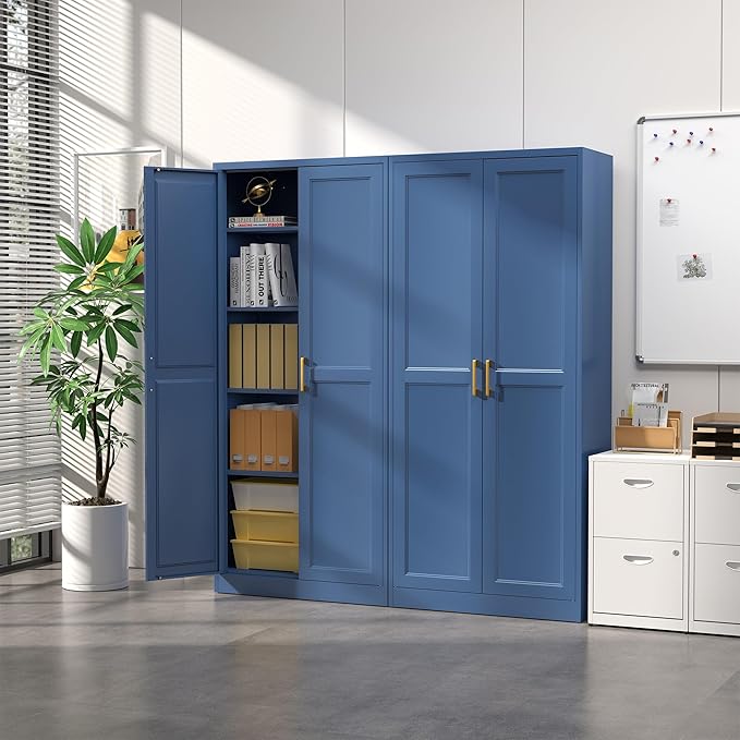 Kitchen Pantry Cabinet,71”Blue Metal Pantry Storage Cabinets with Doors and 4 Adjustable Shelves,Kitchen Cabinet with 2 Gold Handles,Tall Cabinet for Livingroom,