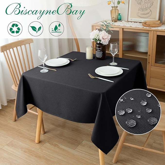 Biscaynebay Textured Fabric Square Tablecloths 54x54 Inch, Black Water Resistant Spill Proof Table Cloth Small Card Folding Table Covers for Dining, Kitchen, Wedding and Parties, Machine Washable