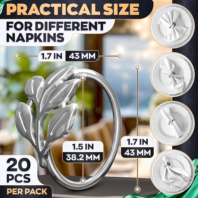 Set of 20 Silver Napkin Rings – Elegant & Sturdy Decorative Napkin Rings | Durable, Reusable & Easy to Clean | Stylish Leaf Design for Weddings, Dinner Parties, Table Decor & Special Celebrations