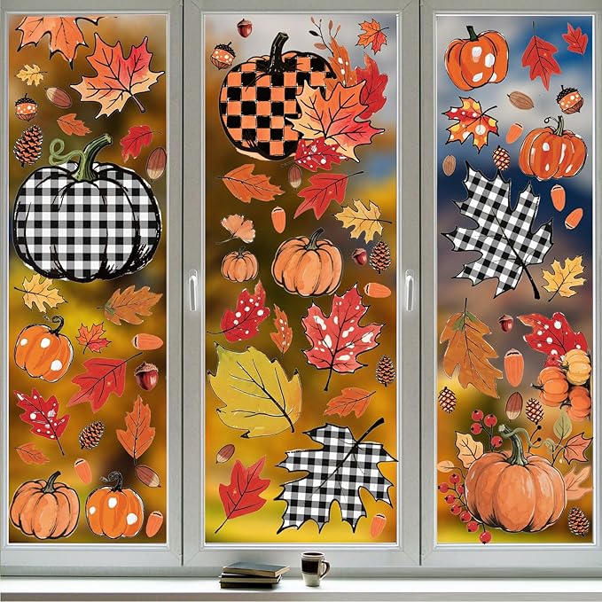 8 Sheets Fall Decorations, 178 Pcs Fall Window Clings, Double Sided Autumn Stickers with Maple Leaves Pumpkin Nuts Pine Cones for Party Thanksgiving Decor Indoor Outdoor Accessories