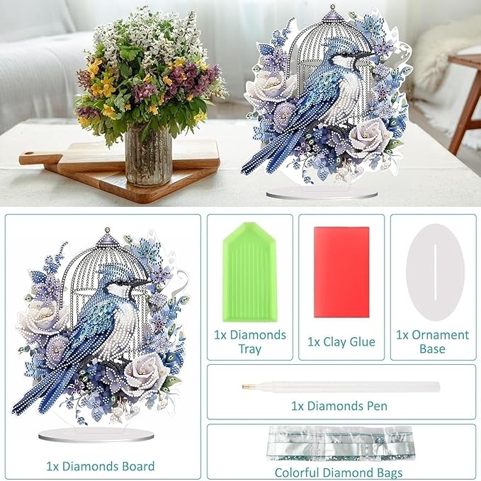 Diamond Painting Kits for Adults Beginners, 5D Full Drill Bird Crystal Art Desktop Ornament, DIY Single Sided Home Office Desk Decor, Creative Craft Gift Set with Tools