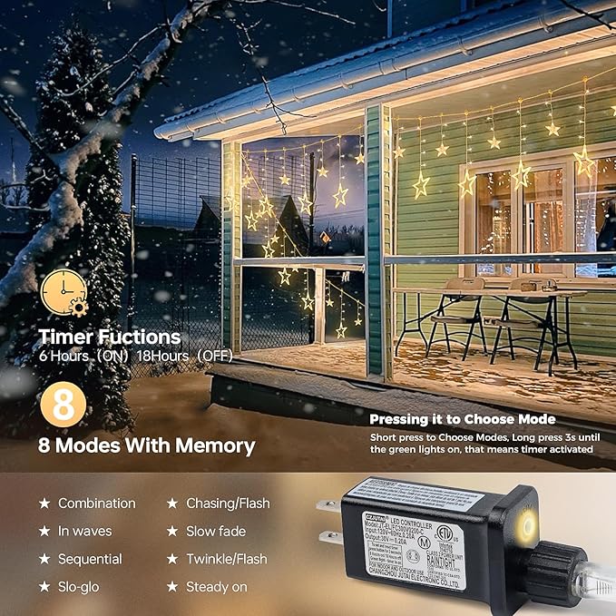 126L Warm White Star Icicle Lights, 8.2FT Clear Curtain Fairy String with Connectable, Timer 8 Modes Memory, Waterproof Hanging for Christmas,Ramadan,Party,Wedding Indoor Outdoor Decorations