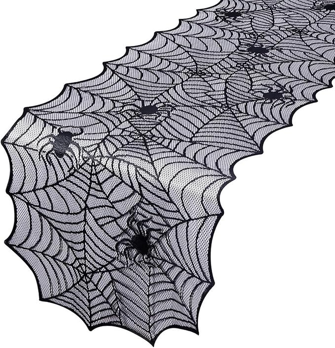 1-Pack Halloween Table Runner, Black Spider Web Lace Table Runner, Gothic Kitchen Decor, Fall-Themed Party Decorations, Spider Web Reusable Home Accent, 18 x 64 Inches