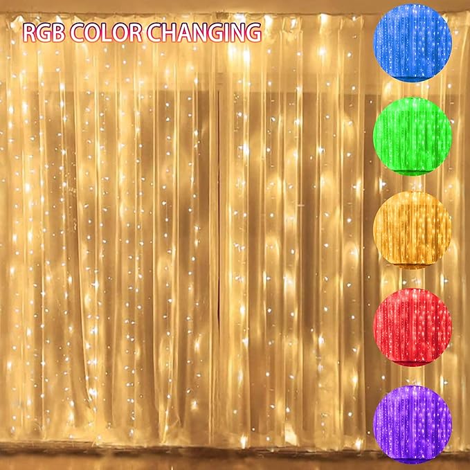 FUNPENY Window Curtain String Lights, 300 LED 8 Lighting Modes Fairy Lights USB Powered, Waterproof Lights for Christmas Bedroom Party Wedding Home Garden Wall Decorations (RGB Color Changing)