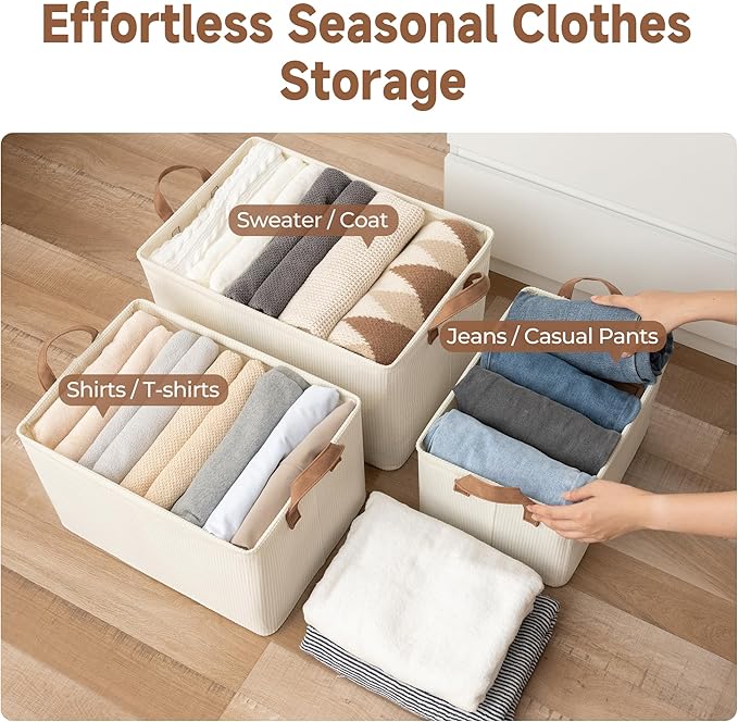 StorageWorks Storage Bins, Shelves Baskets for Organizing, 45L Extra Large Fabric Closet Organizers with Handles, Metal Frame, Beige(Texture), 2-Pack