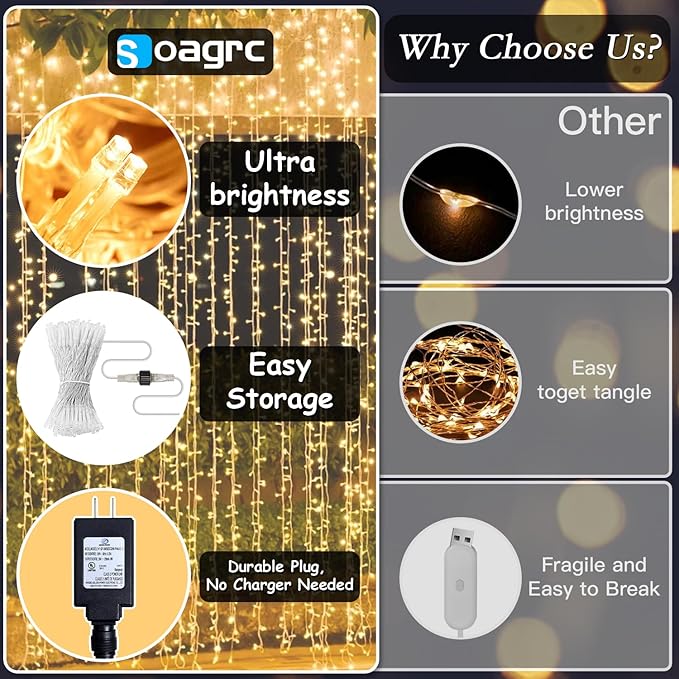 300 LED Curtain String Lights 9.8FT Plug in Fairy Lights with Timer and 8 Modes, Waterproof Window Wall Lights for Bedroom Wedding Party Indoor Outdoor Christmas Decor