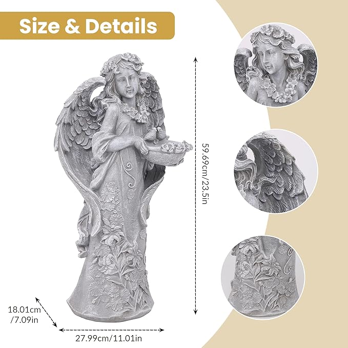 Outdoor Statues Angel Décor Garden Statue- 23.5" H Angel Statue,Resin Angel with Bird Figurine, Ideal for Yard, Patio, Deck, Home Entryway, and Hallway(Grey)