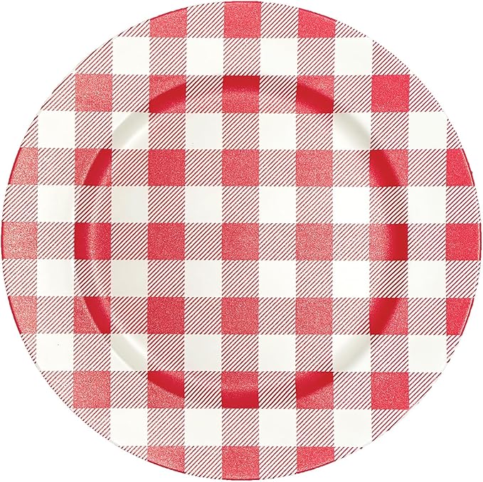 Henilosson Round 13 inch Charger plate - red and white Checkered Design Plate Charger - Christmas and New Year Placemat (6, red+white)