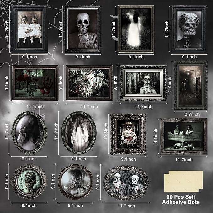 15 Halloween Gothic Creepy Skull Photos Haunted Horror Picture Frame, Waterproof Durable, with 80pcs Self Adhesive Dots,Creepy Photo Decoration For Haunted Family Castle Masquerade Party Black