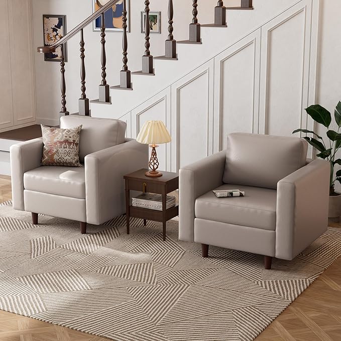 Faux Leather Oversized Accent Chair with Storage Deep Seat Single Sofa Large Reading Armchair for Living Room Bedroom Office Whitesand Set of 2