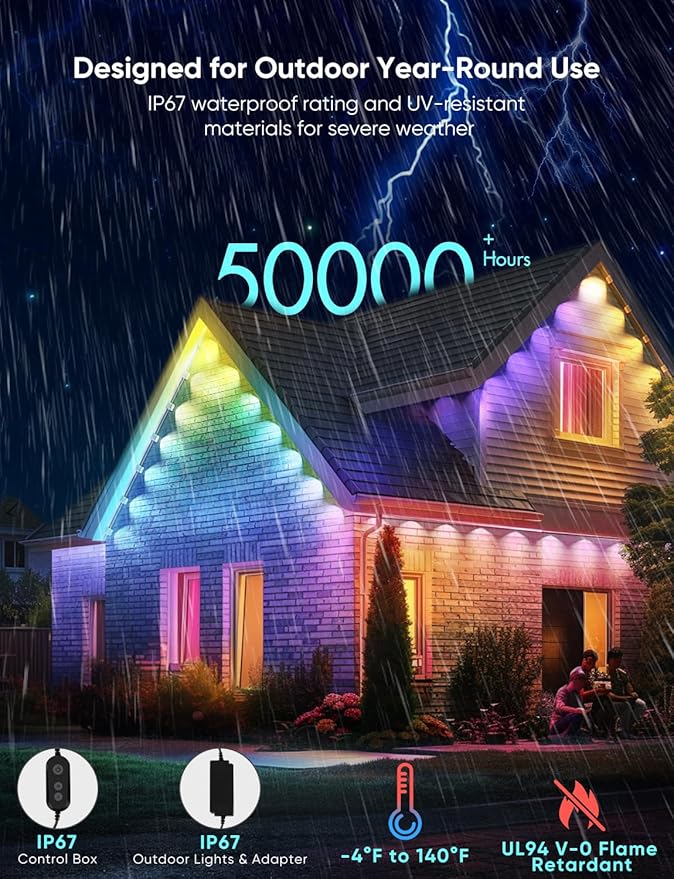 Permanent Outdoor Lights Pro 100ft, RGBCW Smart Eaves Lights with 72 LED Lights, Dual Lens, Cuttable, 111 Scene Modes, IP67 Waterproof Lighting for Holiday Decoration, Work with Alexa, Black