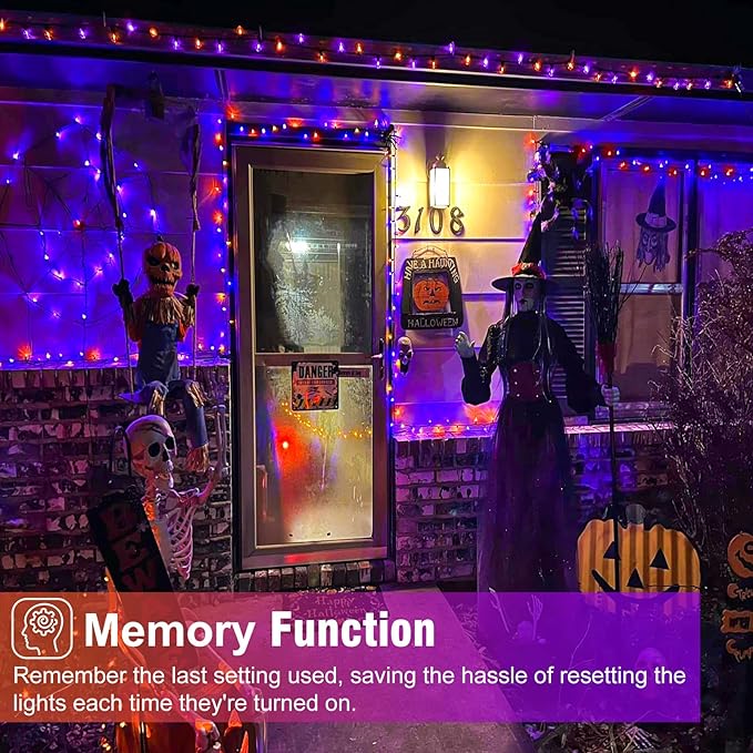 2 Pack Halloween Lights Outdoor, Total 200FT 600 LED Purple Orange String Lights for Outside with 8 Modes Waterproof, Plug in Halloween Decorations for Indoor House Patio Garden Party Holiday