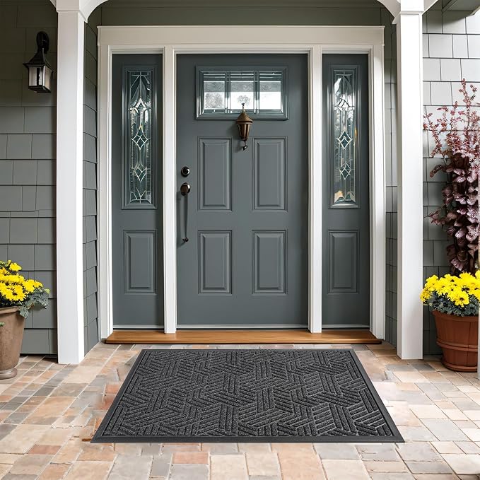Mibao Front Door Mat Outside Entrance, Durable Outdoor Indoor Mat, Low Profile Heavy Duty Doormat, Non-Slip, Traps Dirt and Moisture, Easy Clean Patio Porch Entryway Mat, 17" x 29.5", Grey