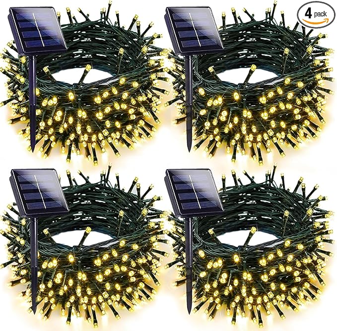 4-pack Solar Christmas Lights Outdoor Waterproof, 400LED 132FT Solar String Light with 8 Lighting Modes, Solar Tree Lights Green Wire for Xmas Tree Party Wedding Garden Fence Decoration (Warm White)