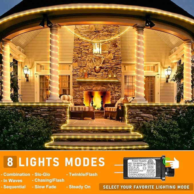 100FT 300 LED Rope Lights Outdoor, Connectable and Flexible Tube Lights with 8 Modes, Waterproof Rope Lighting Indoor for Deck, Garden, Fence, Backyard, Pool, Patio, Tree Decorations - Warm White