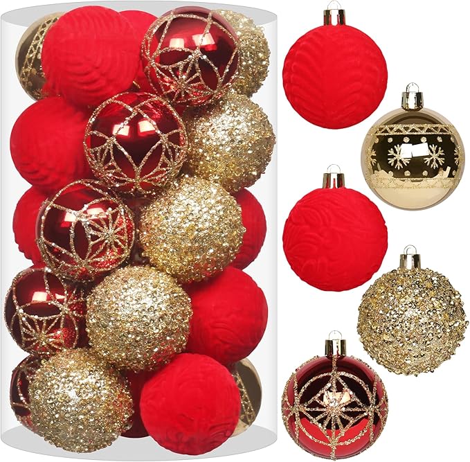 2.36In Velvet Christmas Ball Ornaments, 25PCS Red/Gold Flocked Christmas Tree Hanging Decorations, for Home Holiday Wedding Indoor Xmas Party Decor.