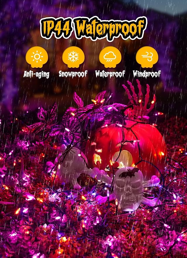 Outdoor Halloween Lights, 39Feet 100 LED Mini Lights with 8 Lighting Modes, Connectable Halloween String Light Plug in for Garden Patio Party Haunted House Ghost Holiday Decoration, Orange & Purple