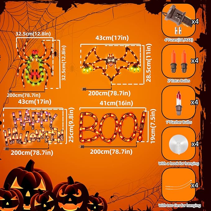 4-Pack Lighted Halloween Window Silhouette Decoration,Hanging Light Up Holiday Ornament( Cobweb,Jack-O-Lantern,Cat,Skull)