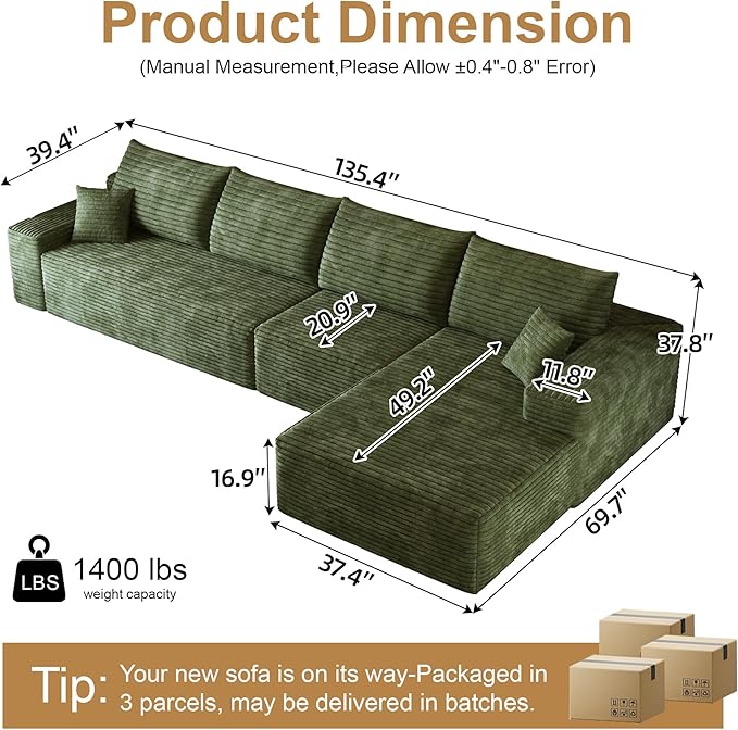 136" Sectional Couches for Living Room Modern Modular Sofa with L-Shape Couchs Upholstered Boneless Couch Deep Seat Sectional Couch with Chaise (Green, Right Facing Chaise+3Seaters)