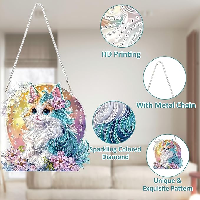 SENQAO Cat Diamond Art Hanging Kit for Adult, Special Shaped Rhinestone, Double Sided DIY Acrylic Diamond Art Painting Window Pendants Home Garden Wall Hanging Kits Hanging Ornament