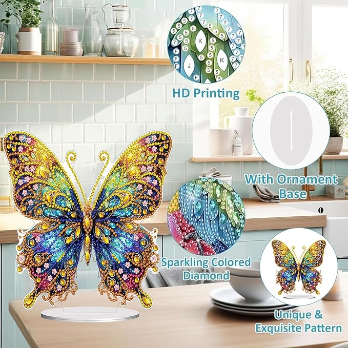 Diamond Painting Kits for Adults Beginners, 5D Full Drill Flowers and Butterfly Crystal Art Desktop Ornament, DIY Single Sided Home Office Desk Decor, Creative Craft Gift Set with Tools