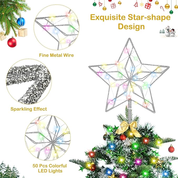 Christmas Tree Topper,50 LED Lighted Sparkling Star Tree Toppers Christmas Decorations,8 Lighting Modes Silver Star Xmas Decoration With Remote Control And Extra Battery Box,Glitter Christmas Ornament