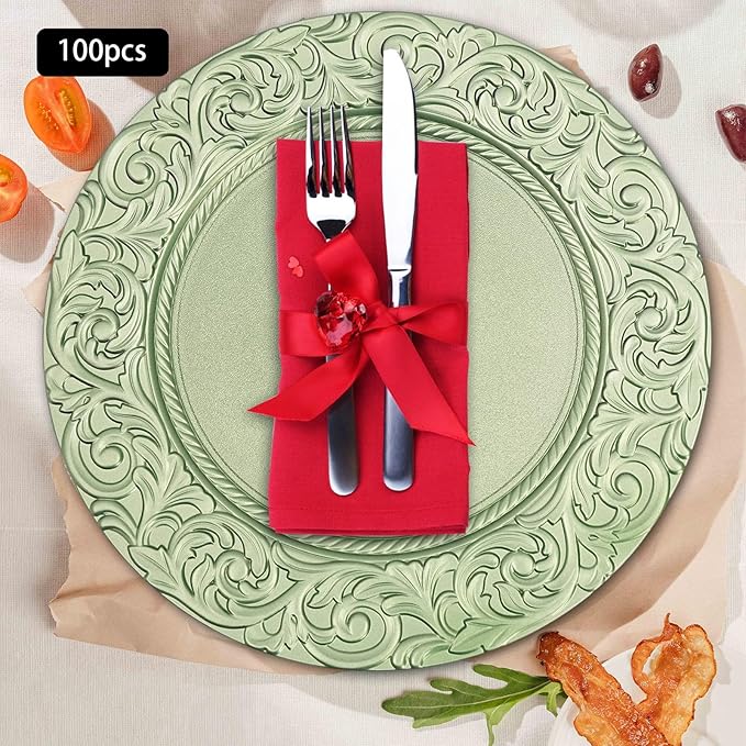 Antique Charger Plates Set 13'' Round Embossed Dinner Plate Chargers Plastic Elegant Floral Plates for Dinner Wedding Party Event Table Kitchen Decoration 100PCS (Green 100Pcs)