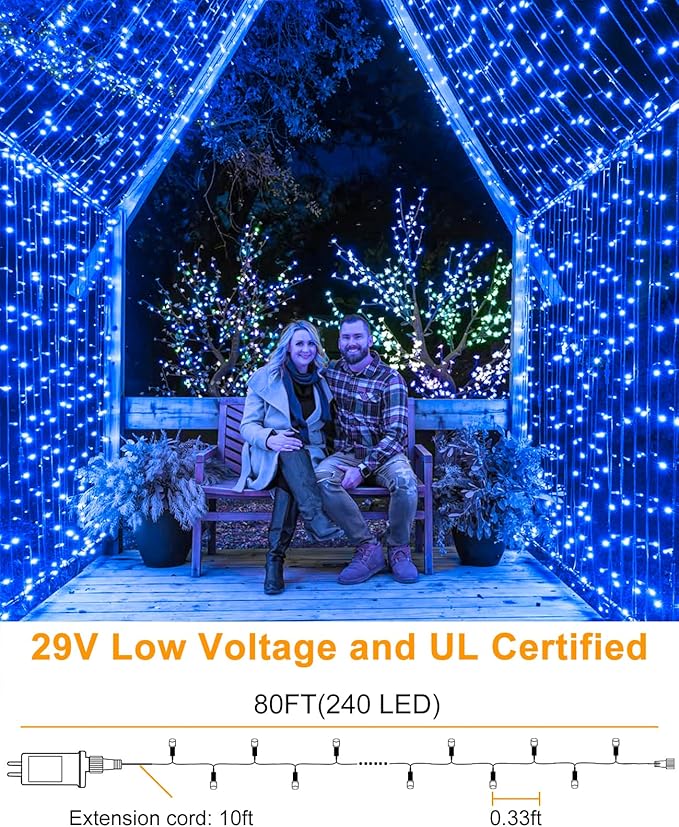 Christmas Lights Outdoor, 80FT 240 LED Christmas Tree Lights, Waterproof & 8 Modes & Timer, Connectable Green Wire String Light for Indoor Garden Xmas Party Holiday Decorations, Blue