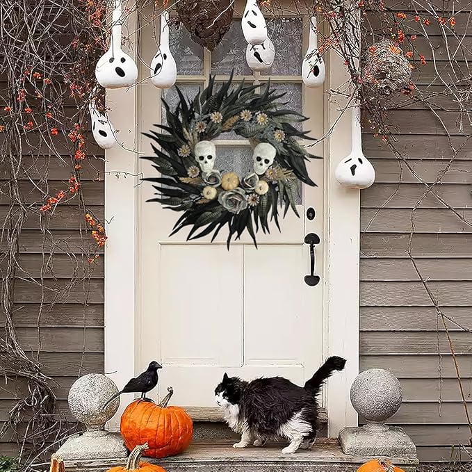 24" Snakeskin Leaves Halloween Wreaths for Front Door with Skulls Flowers and Pumpkins - Gothic Party Black Halloween Porch Wall Door Decor