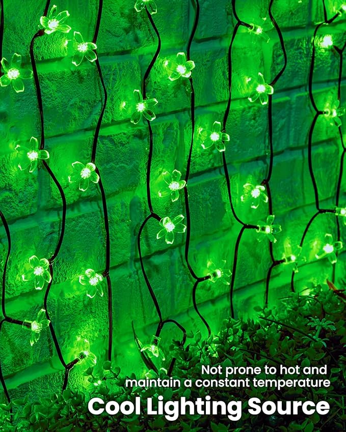 Brightown 2 Pack Total 52FT 120 LED Solar Flower String Lights for Outside Waterproof Fairy Lights for Garden Yard Fence Patio Christmas Tree Wedding Party Decor, Green