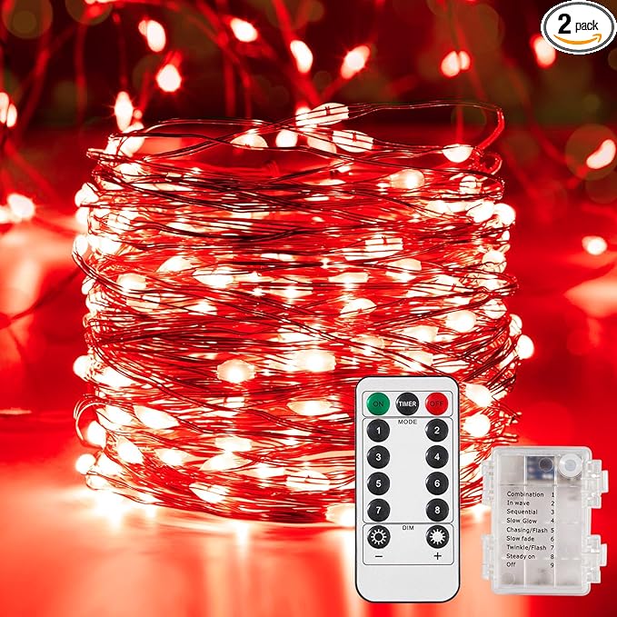2 Pack 32.8 Ft. Battery Operated Outdoor String Lights with Remote & Timer, LED Red Fairy Lights, Waterproof Twinkle Lights for Bedroom, Dorm, Mason Jar, Wedding, Party, Christmas