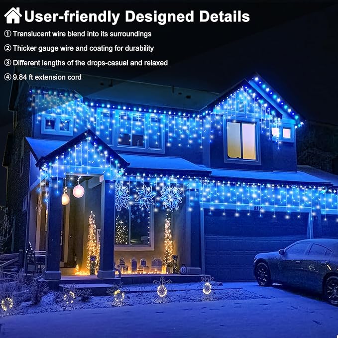 66ft Blue and White Christmas Lights, 640 LED Icicle Lights for Outside House Clear Wire Connectable Twinkle Lights with 8 Modes Timer Waterproof for Window Party Tree Holiday Patio Yard Home Decor