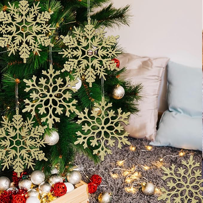 12pcs Large Christmas Snowflakes Decorations, 12" Big Plastic Glitter Gold Snowflake Ornaments for Winter Indoor Outdoor Christmas Tree Holiday Window Room Decor Craft Snowflakes