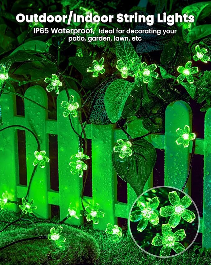 Brightown 2 Pack Total 52FT 120 LED Solar Flower String Lights for Outside Waterproof Fairy Lights for Garden Yard Fence Patio Christmas Tree Wedding Party Decor, Green
