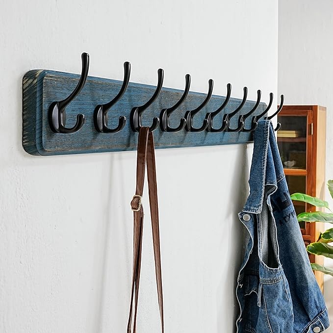 Dseap Coat Rack Wall: 38-1/4" Long, Patented, Heavy-Duty, 10-Double-Hooks Wooden Wall Mounted Coat Rack Coat Hanger Hook Rail for Winter Coats Hat Jacket Clothing, Weathered Blue, Pack of 2