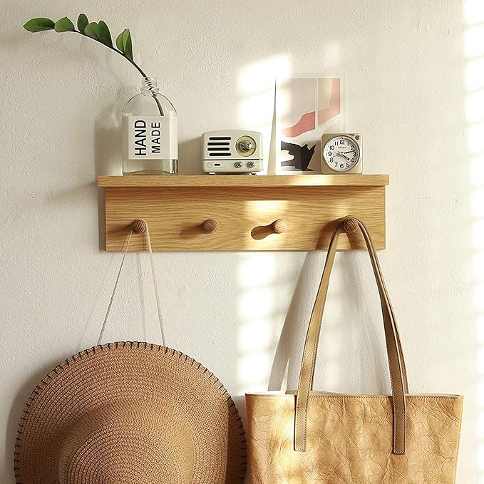 Entrance Coat Rack ,Coat Hooks, Wall-Mounted Wooden Hook Rack, Wall-Mounted Shelves are Very Suitable (Oak Colored Finish-2)