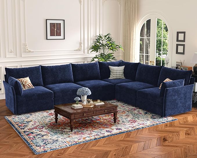 135.5" Oversized Modular Sectional Sofa, L Shaped Convertible Couch with Movable Ottoman, 5 Seat Corner Couches for Living Room Deep Seat Blue Chenille