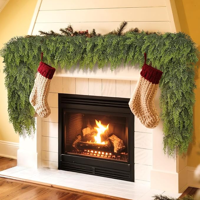 16FT Real Touch Cedar Garland - Artificial Christmas Garland Fake Green Faux Thick and Lush Pine Needles Garlands for Table Fireplace Mantle Holiday Home Indoor Outdoor Decor (1PCS)